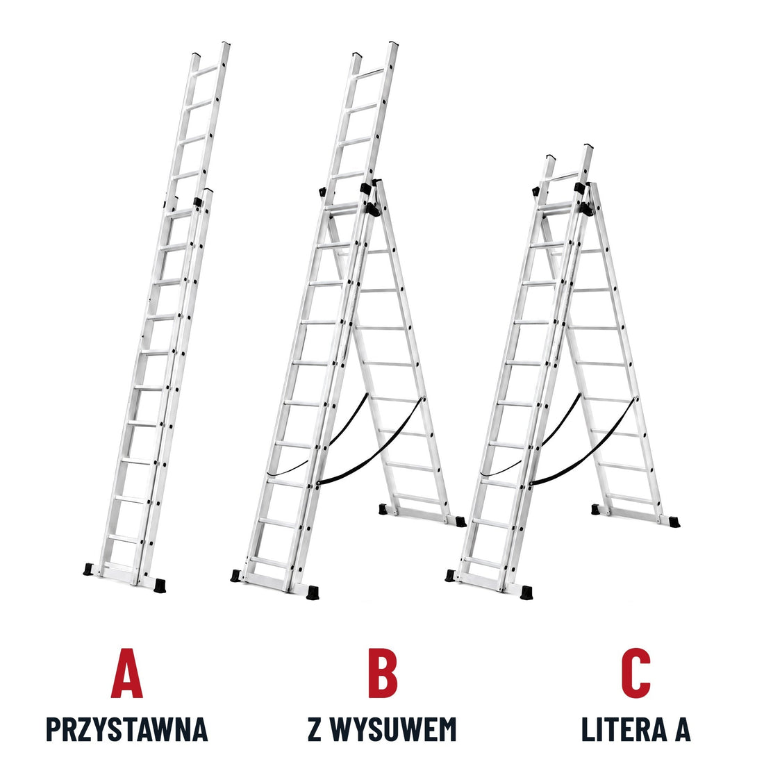 Drabina aluminiowa 3-częściowa - trzy ustawienia: A przystawna, B z wysuwem, C litera A - PrestiloPoland